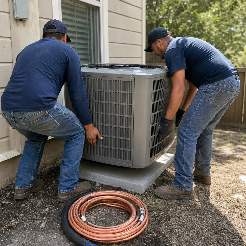 Two professional technicians installing a residential outdoor air conditioning unit