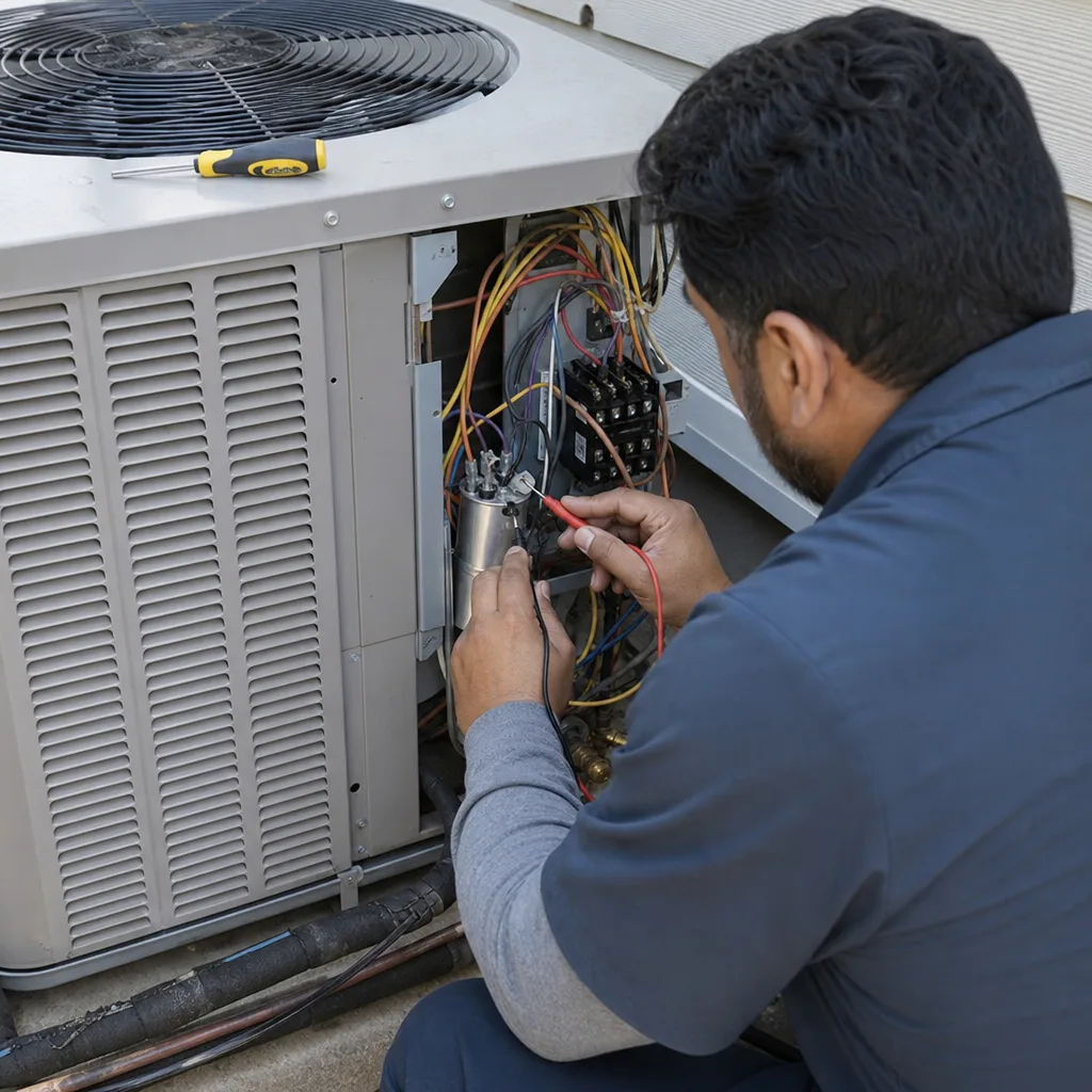 HVAC technician diagnosing and repairing an outdoor air conditioning unit