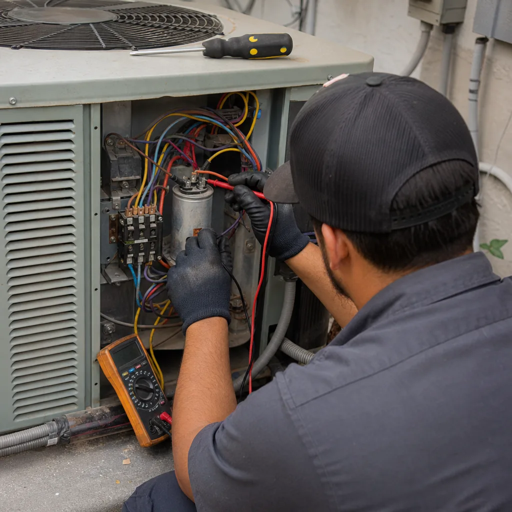 HVAC technician testing an air conditioning unit capacitor with a multimeter