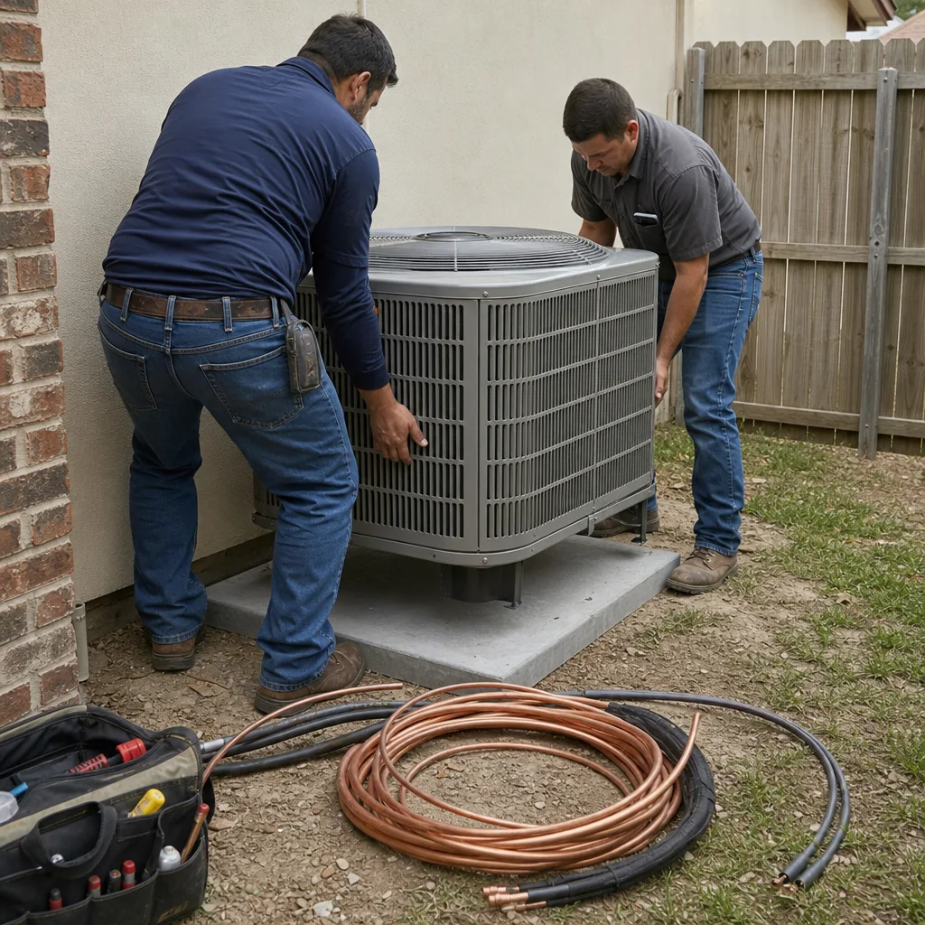 Two professional HVAC technicians installing an outdoor air conditioning unit.