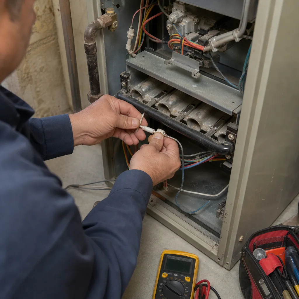 HVAC technician performing furnace repair and inspection on residential heating equipment